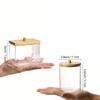 2pcs Bathroom Container with Wood Lids, 10 OZ, 7 OZ Cotton Ball/Swabs Dispenser, Apothecary Organizer Jar for Storage