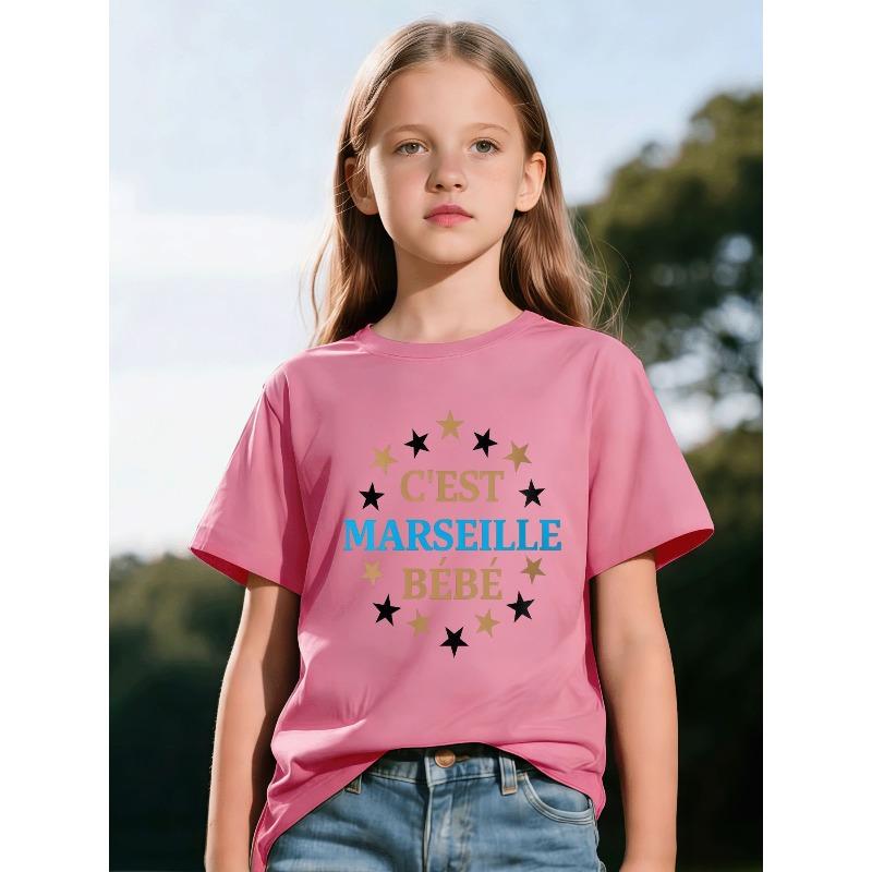 European Size Childrens Round-neck Short-sleeved T-shirt with Unique English Patterns C'EST MARSEILLE BEBE Kids