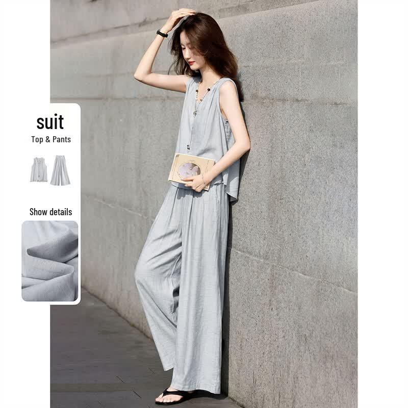 Linen Blend Sleeveless Shirt & Wide-Leg Pants Set S