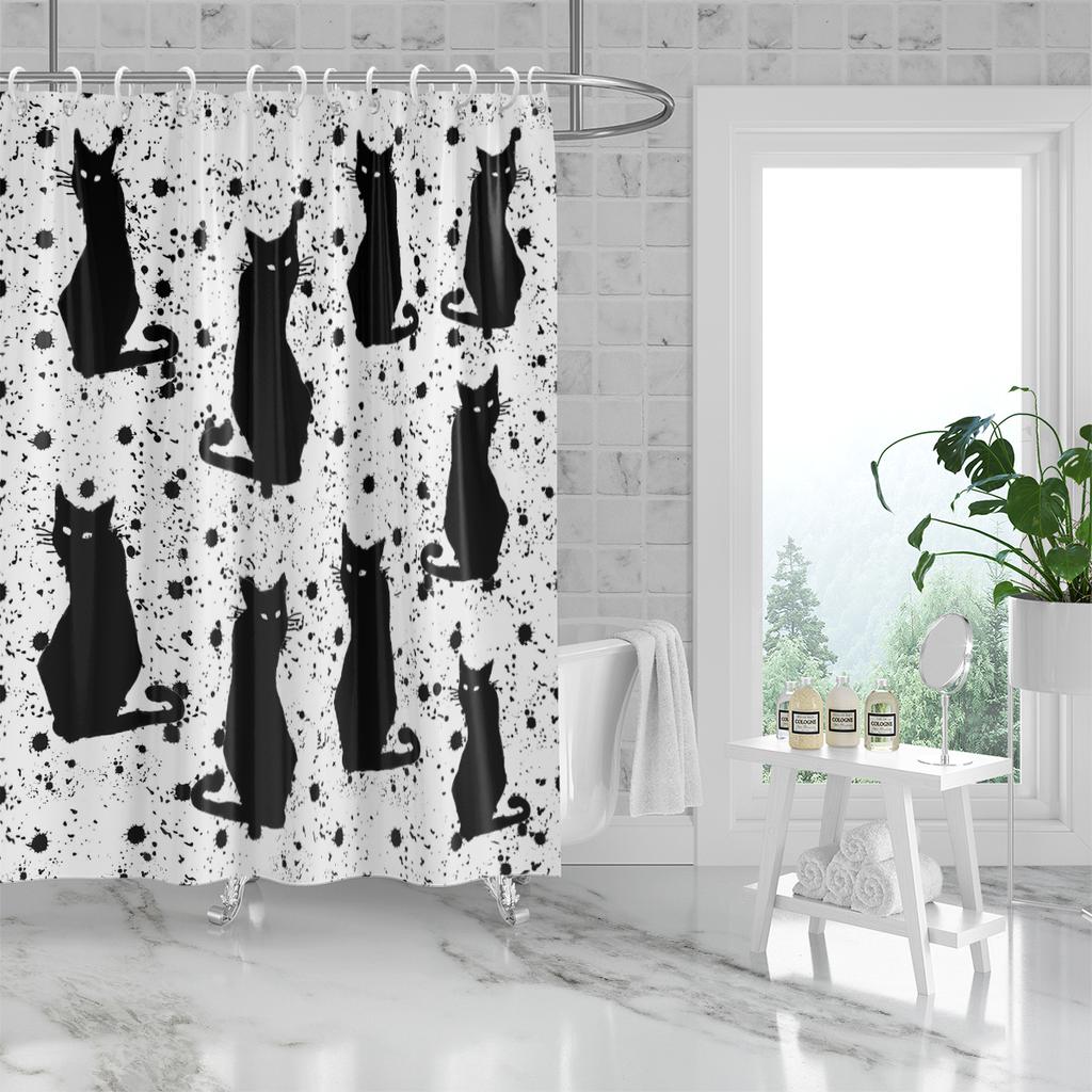 1Pc Black Cat Print Waterproof Shower Partition Privacy Protection Curtain With 12 Hooks Multiple Sizes Easy To Installation