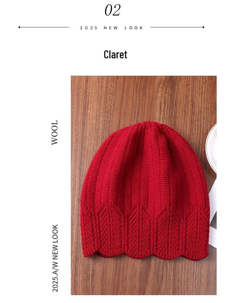 Versatile Pure Wool Knitted Beanie - French Openwork Design, Warm Ear and Head Protection