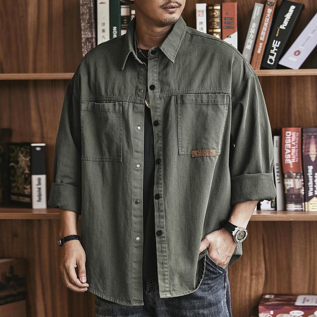 Herren Off-White Schweres Arbeitshemd, mit Samt gefüttert, lockere Passform, lässig langärmlig für Frühling & Herbst