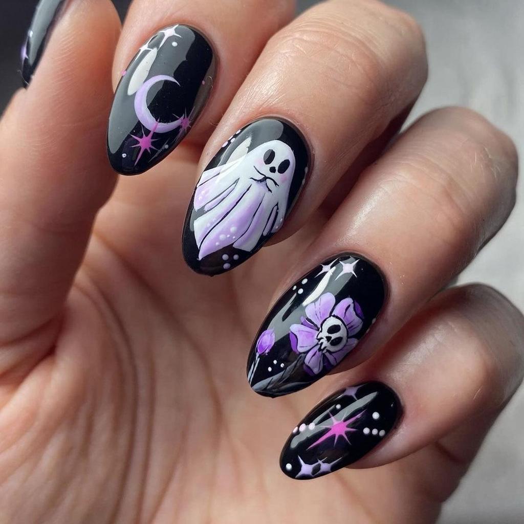 Hot Halloween Wearable Nails: Spiderweb, Heart, Rhinestone, Ghost, Stars & Moon Designs, Removable Fake Nails