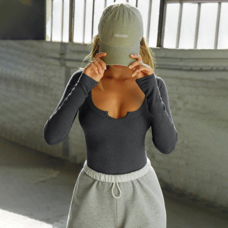 Women's Threaded U Neck Slim Solid Color Casual Long Sleeve Top