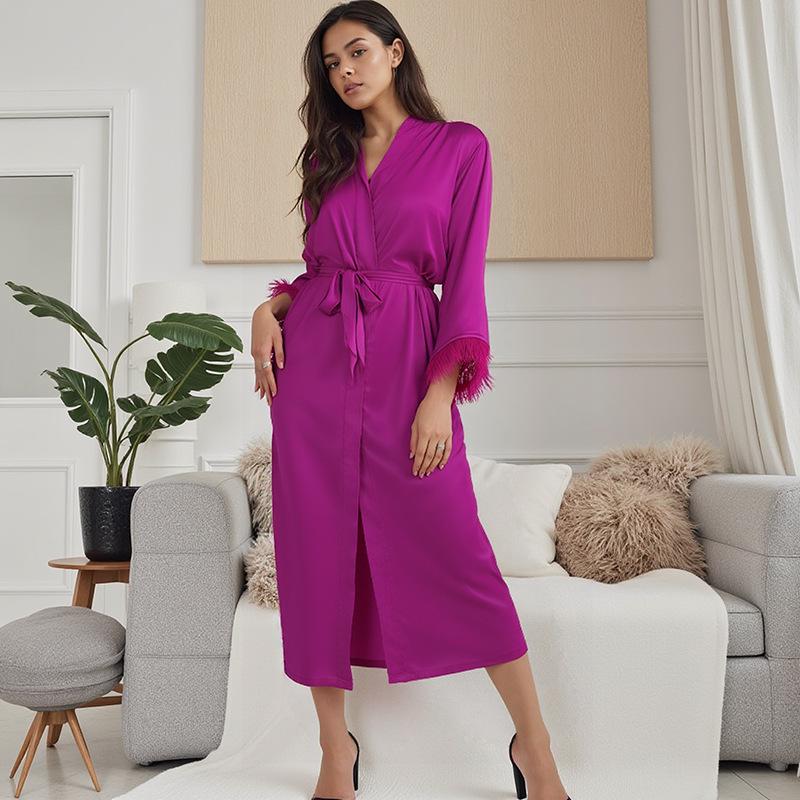 Elegantes Satin-Seiden-Pyjama-Set für Damen: Sommer-Feder-Bademantel, Langarm-Oberteil, Camisole & Hose - 1019