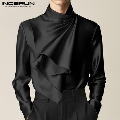 Männer Mockneck Langarm Lagen Unregelmäßig gerüschte Satin Hemden