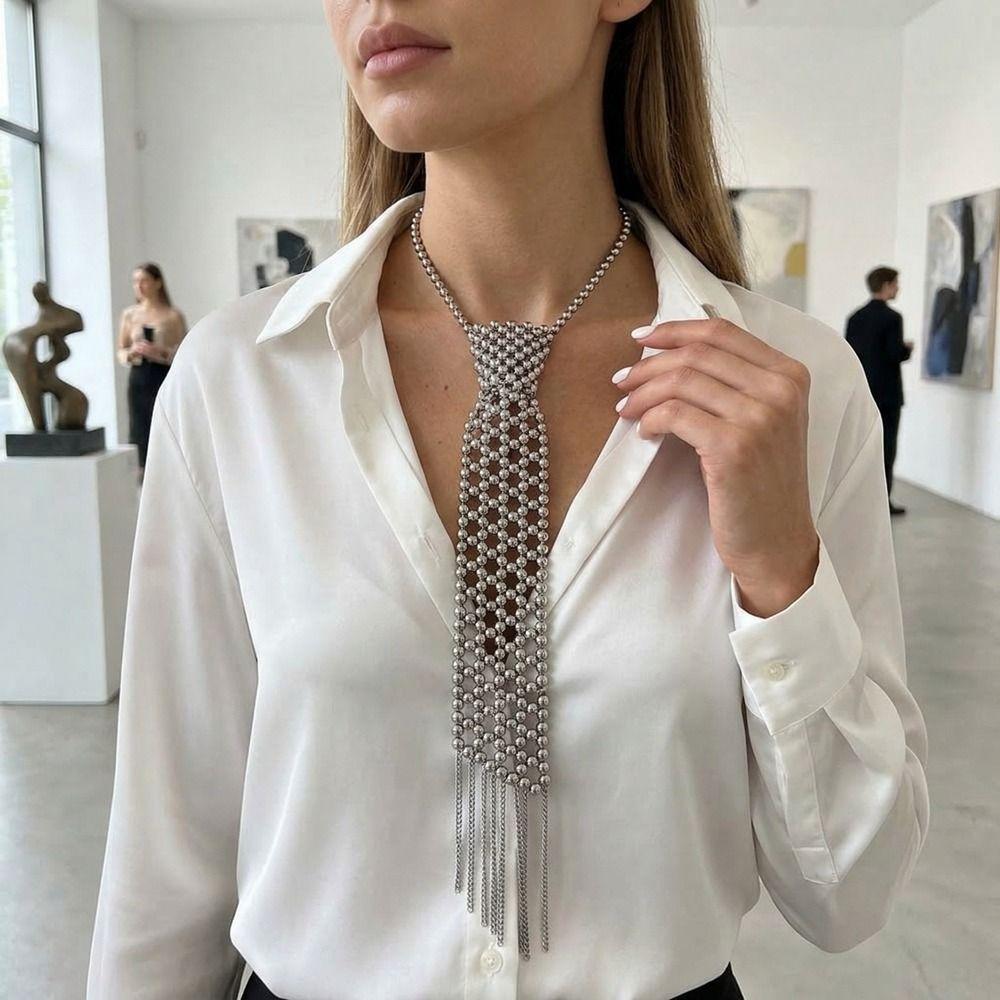 Minimalist Pearl Tie Woven Beads Necktie Long Necklace Tassel Necklace  Women
