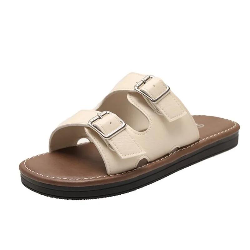 Mode Modische Sandalen mit dickem Absatz Damen Flache Römische Strand-Slipper mit quadratischer Schnalle Cross-Border-Stil Sommer Zehenfreie Slipper