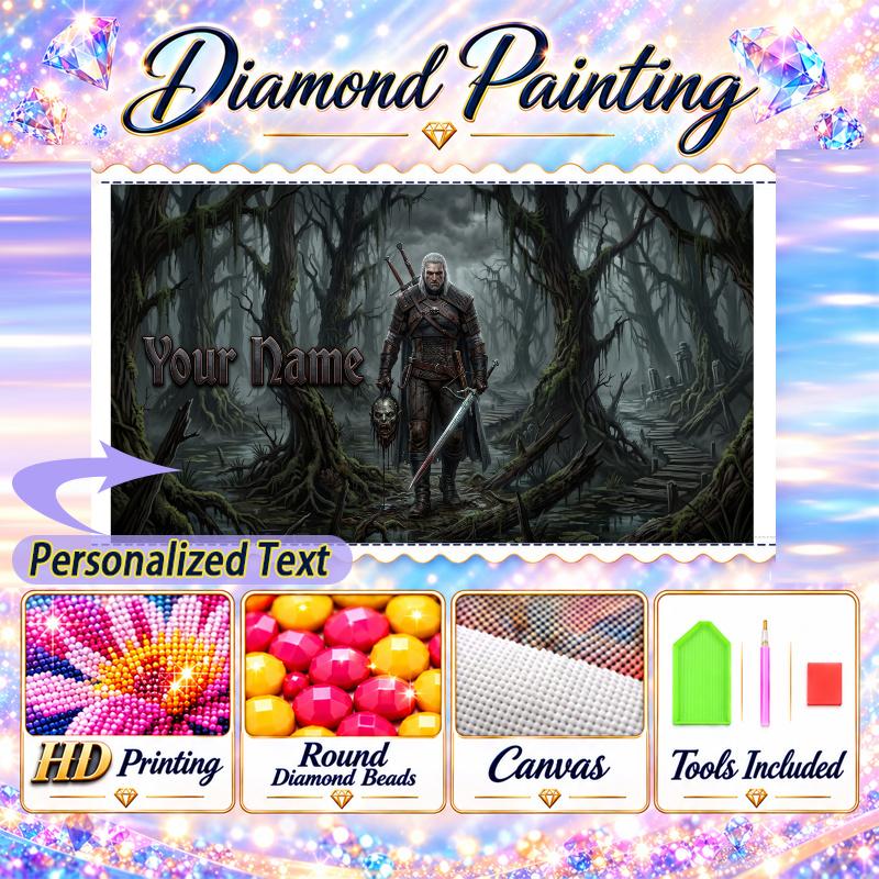 The Witcher Geralt 5D DIY Diamond Painting Custom Name Text, Full Drill Rhinestone Mosaic Art Home Gift