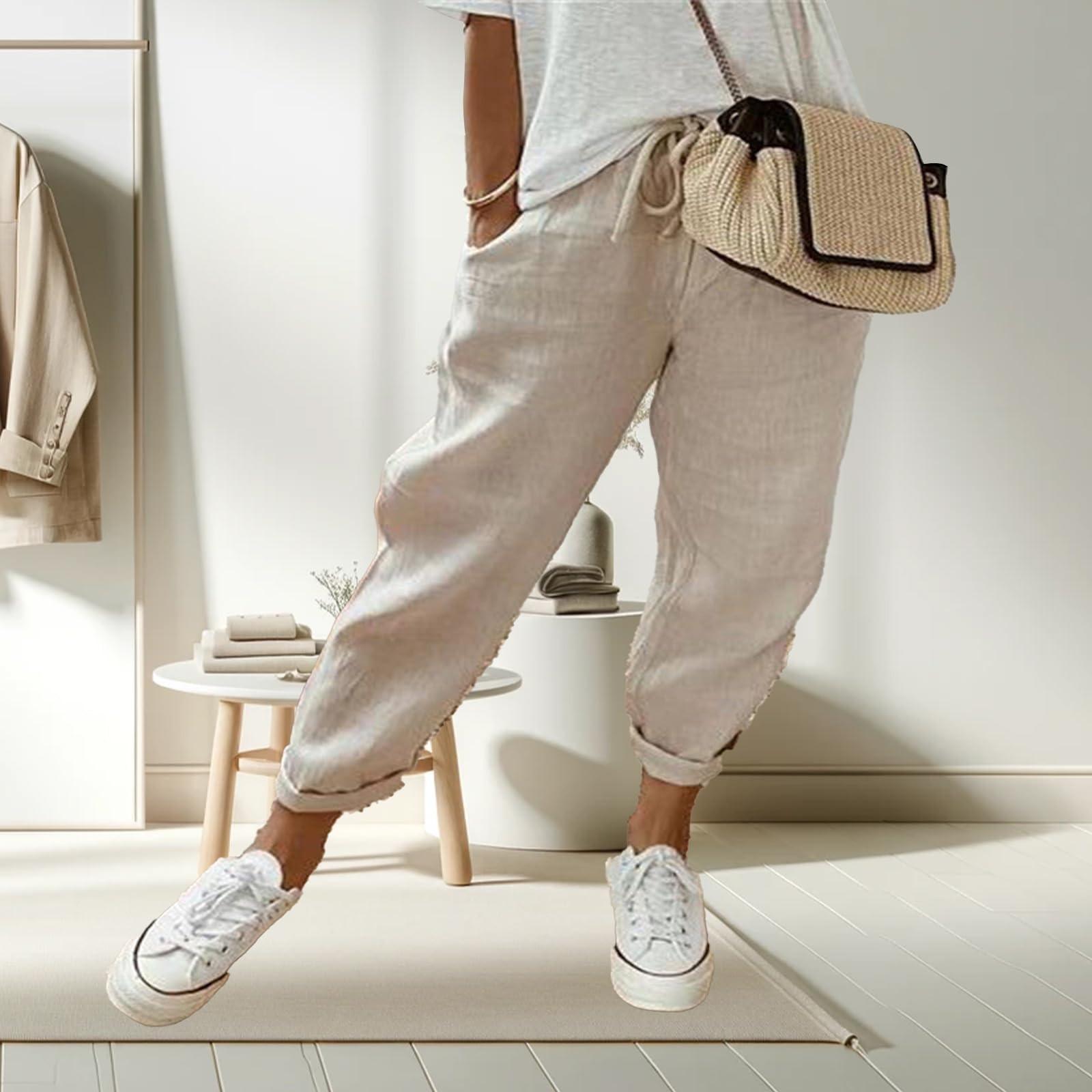 

Жіночі модні однотонні вільні з кишенями бавовняні лляні повсякденні штани XXXL хакі