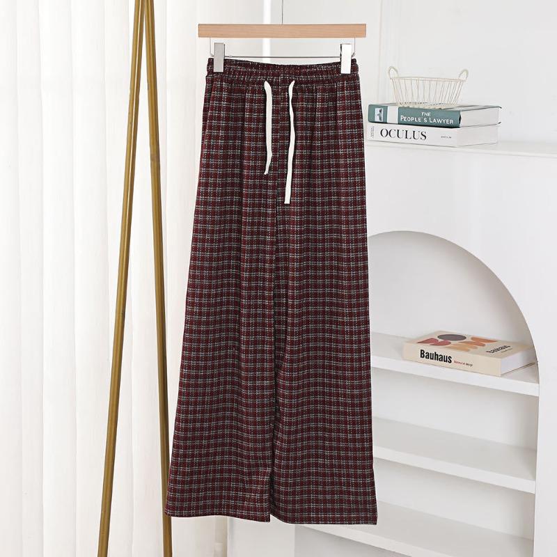 Retro style jacquard plaid pants fashionable and simple drawstring elastic waist casual pants women's versatile high waist drape straight pants