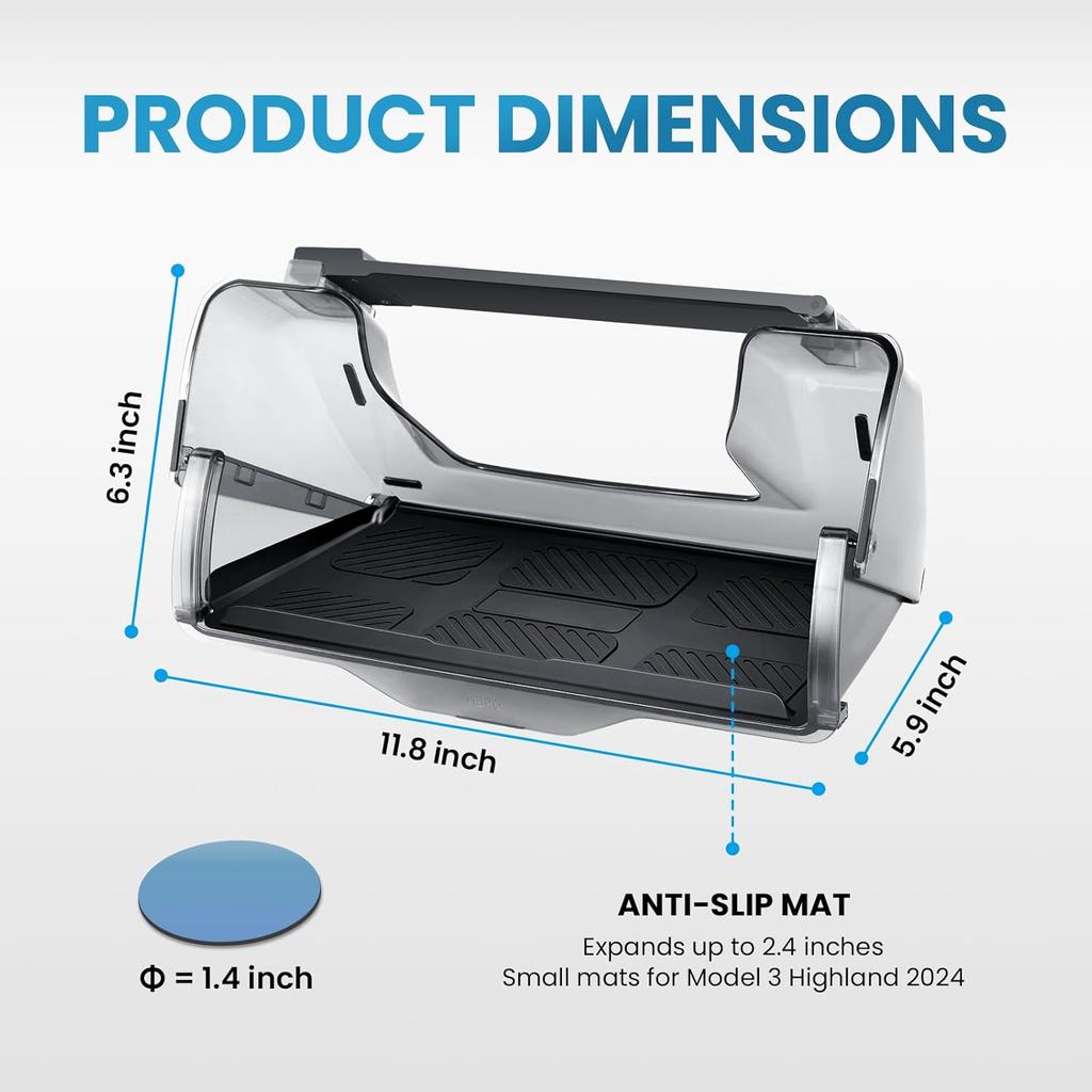 Hideable Under Screen Storage for Tesla Model Y Model 3,Center Console Organizer Tray with Black Anti-Slip Silicone Pad - Model Y 3 Accessories