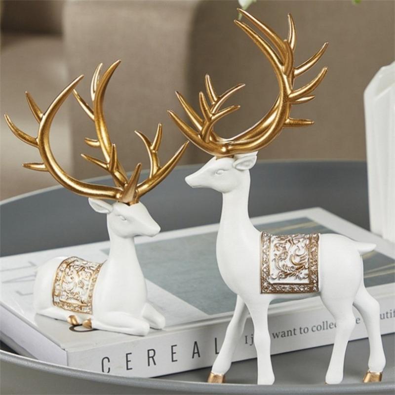 2pcs/Set Deer Statue, Golden Deer Christmas Decor, Elk Resin Reindeer Lucky Deer Sculptures For Work Desk Decor