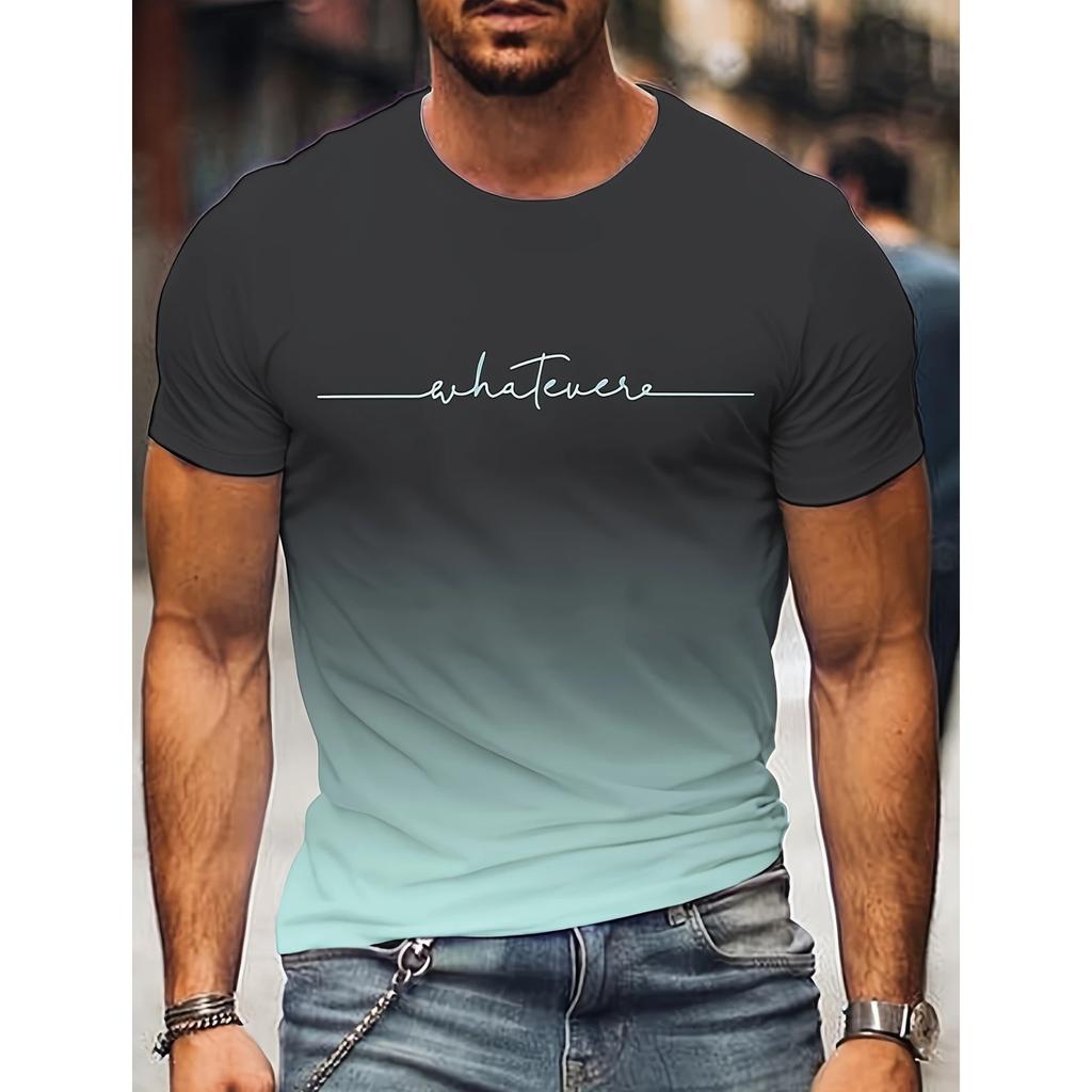 Summer Round Neck 3D Gradient Letters Print Top Fashionable Casual Short Sleeved Men's T-shirts