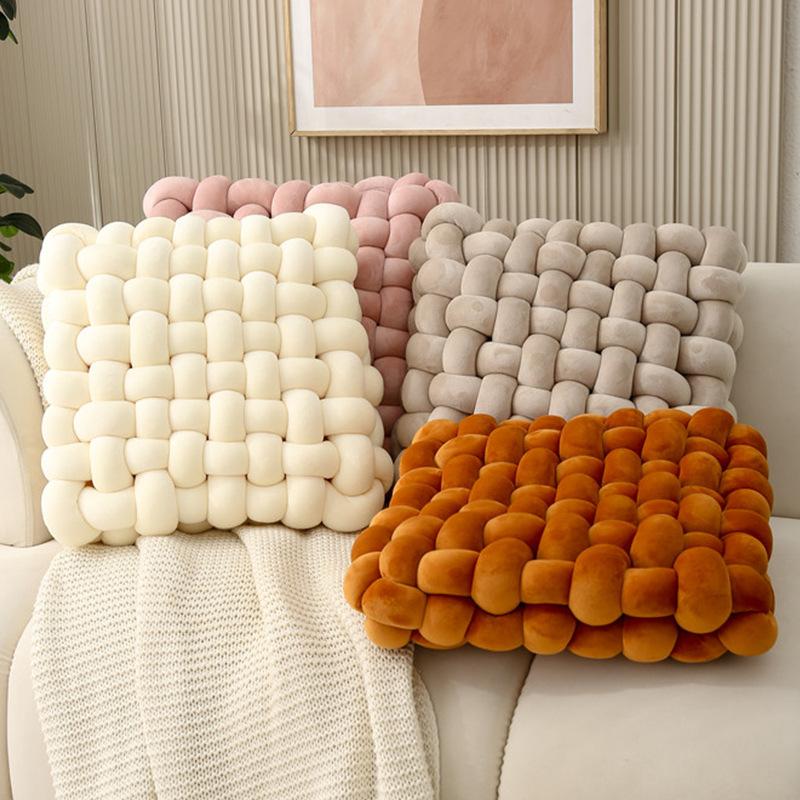 Living Room Soft Plush Knot Cushion,Sofa Pillow Solid Square Hand-Woven Home Throw Pillow,Square Woven Seat Cushion