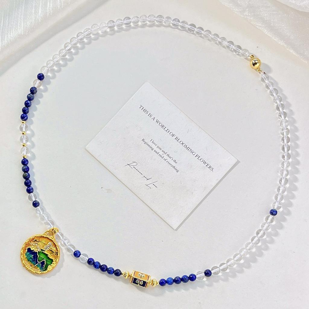 Design Sense Natural Lapis Lazuli White Crystal Design Sense Sweater Chain Pendant Necklace