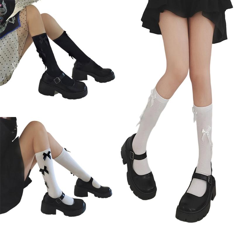 1 Pair Women Ruffle Socks Girl Lace Topped Calf Socks Frilly Socks with Bowties Cotton Socks Princess Style Dress Socks