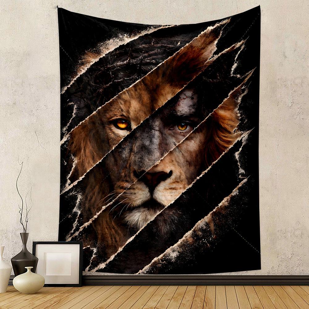 Lion and Human Duality with Thorn Crown Patterned Tapestry Decorative Wall Hanging, Home Bedroom Living Room Decor