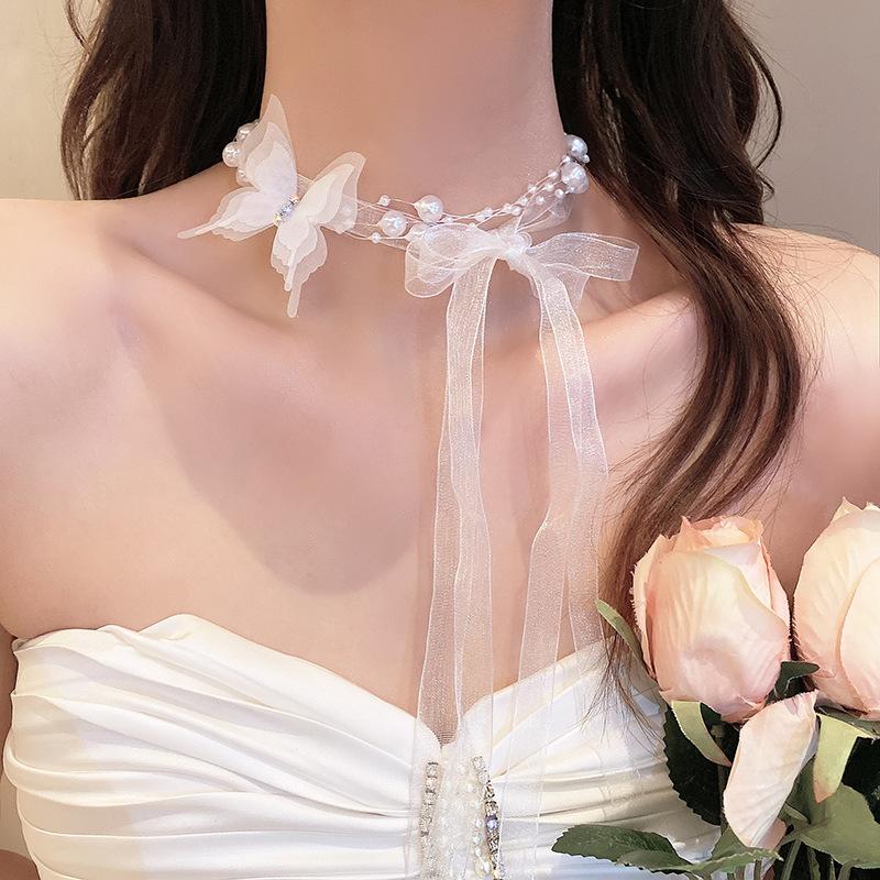 Romantische Vlinder Parel Strik Strikketting Dames Luxe Zijden Lint Zoete Chokers Sleutelbeenketting Temperament Sieraden Cadeau Feest