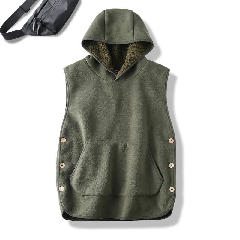 Lady Thermal Vest Women Side Button Closure Fleece Hooded Vest Solid Color Front Pocket Casual Fall Winter
