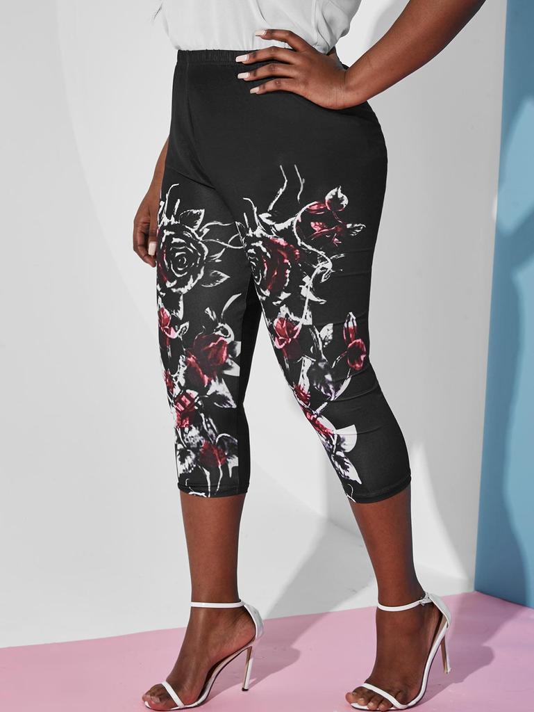 Rosegal Plus Size Capri Leggings med høy stige blomsterprint