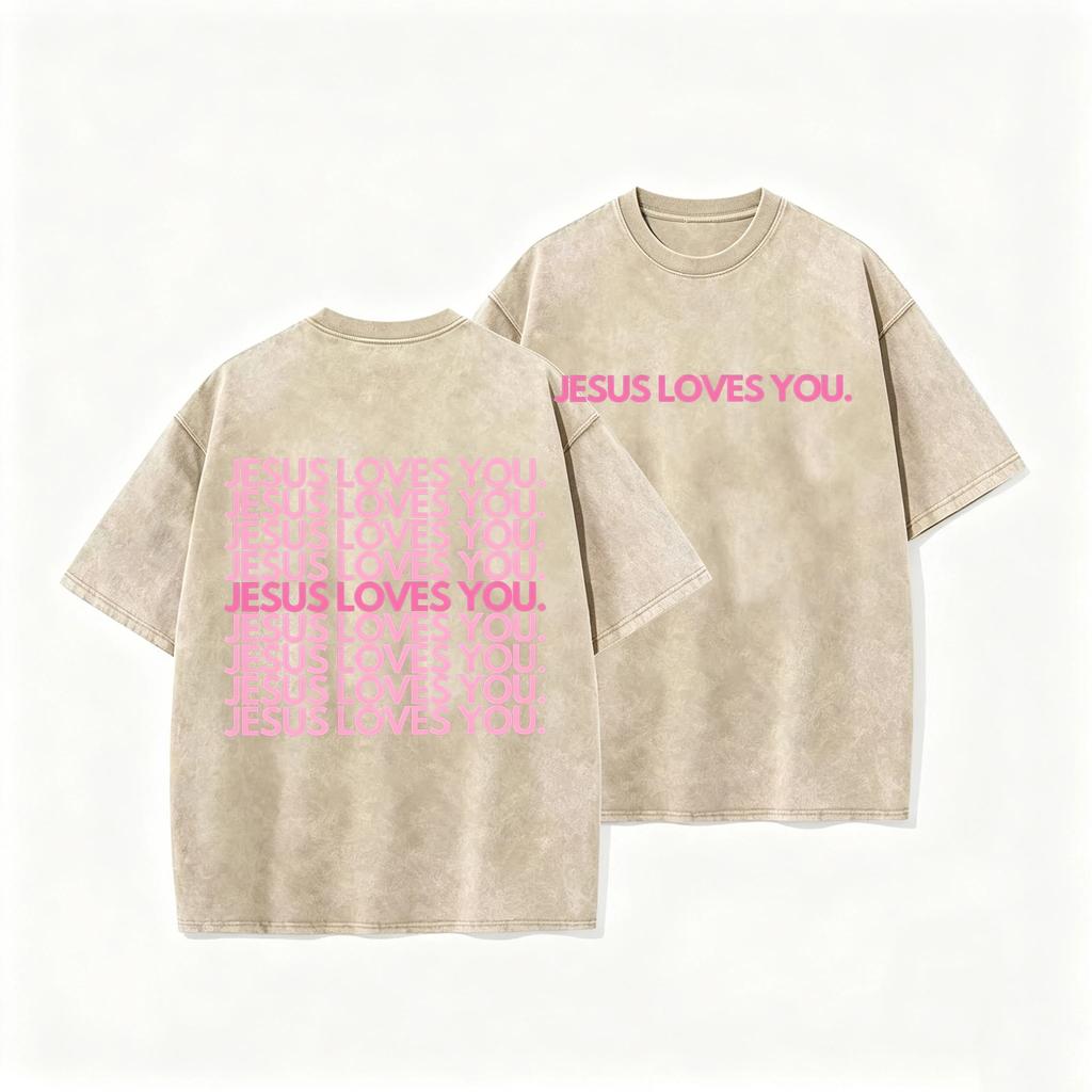 Christian Jesus Loves You Graphic T Shirt Men Women Vintage Washed Oversized Religious Streetwear Bible Verse Short Sleeve Tee