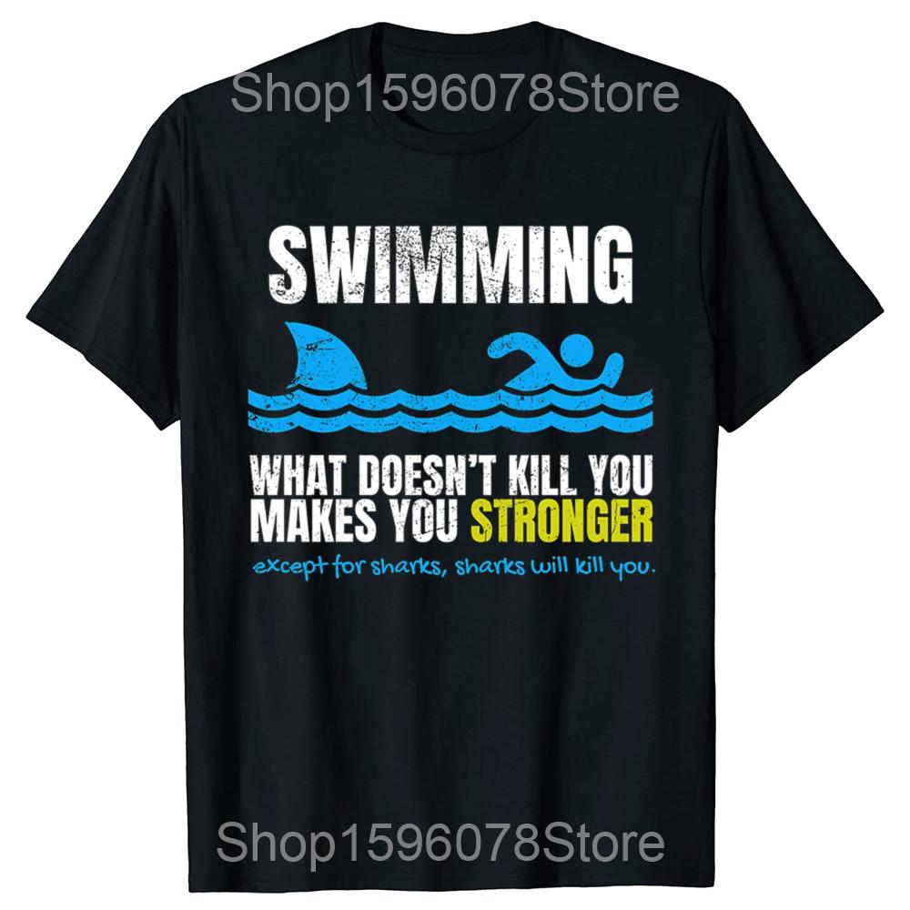 

Funny Swimming Shark Swim Graphic T Shirts Men Women Pure Cotton Humor Streetwear Tee Shirt Short Sleeve Unisex Loose Clothing 4XL