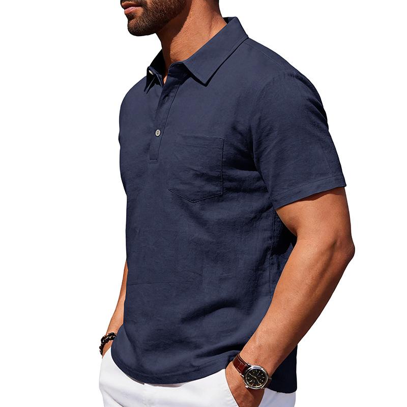 Men Loose Casual Short Sleeve Linen Blend Polo Shirt For Daily Beach Wear