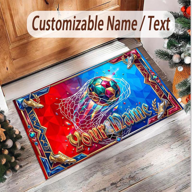 Soccer Theme Soft Crystal Velvet Rug Custom Name & Text Print Non Slip Floor Rug for Bedroom Living Room