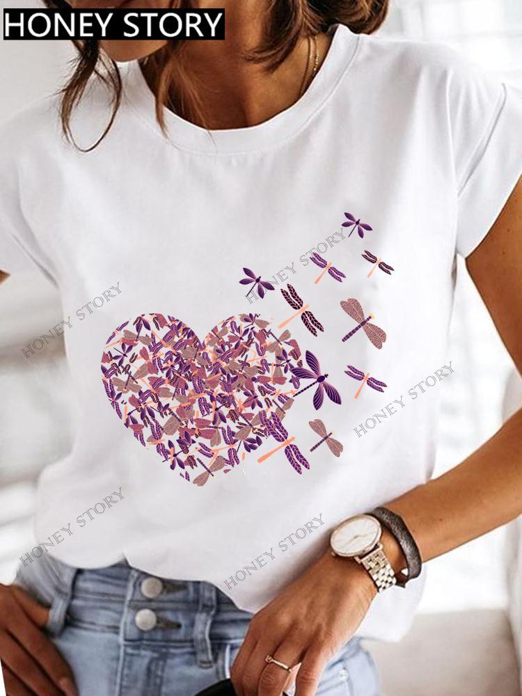 Dragonfly Butterfly Print Base Top Loose Women's Short-sleeved T-shirt Round Neck Oversized T Shirt  Women Clothes
