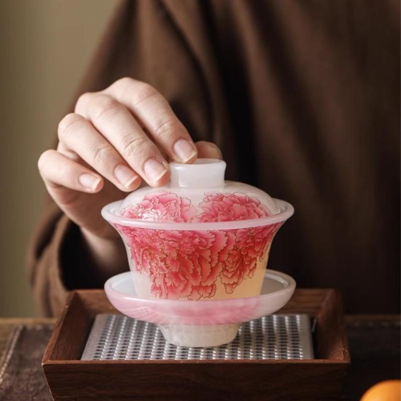 Pink Peony Kung Fu Tea Set Cover Bowl High-grade Anti-scalding Sancai Cover Bowl Light Luxury Tea Brewing Ware Teacup