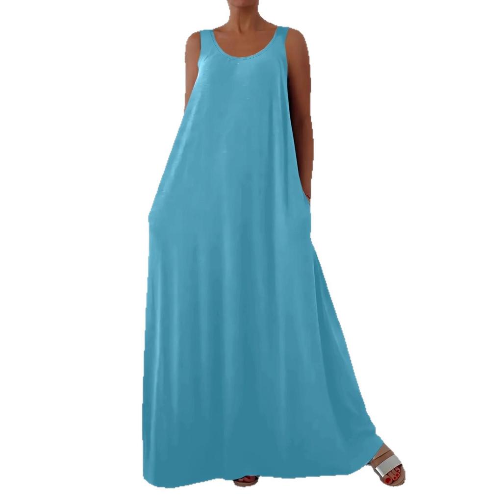 Plus Size Summer Solid Color Dress with Side Pockets (European and American Style)