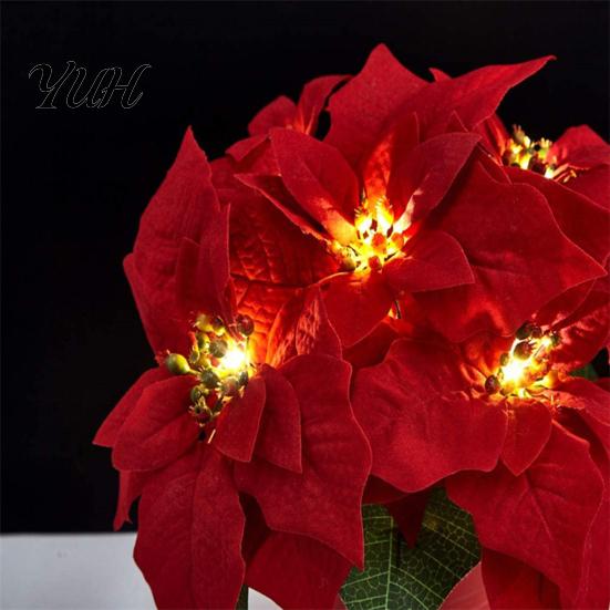 Fireplace Garland Lighting Christmas Poinsettia String Lights, 200/300cm Red Green Floral Garland, Battery/USB Low Voltage LED Operated Indoor Outdoor