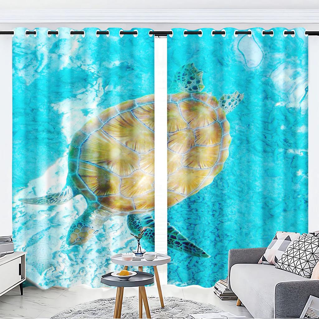 Cartoon Sea Turtles Curtain Sets, Window Decoration, 100% Polyester Shade, Bedroom, Living Room