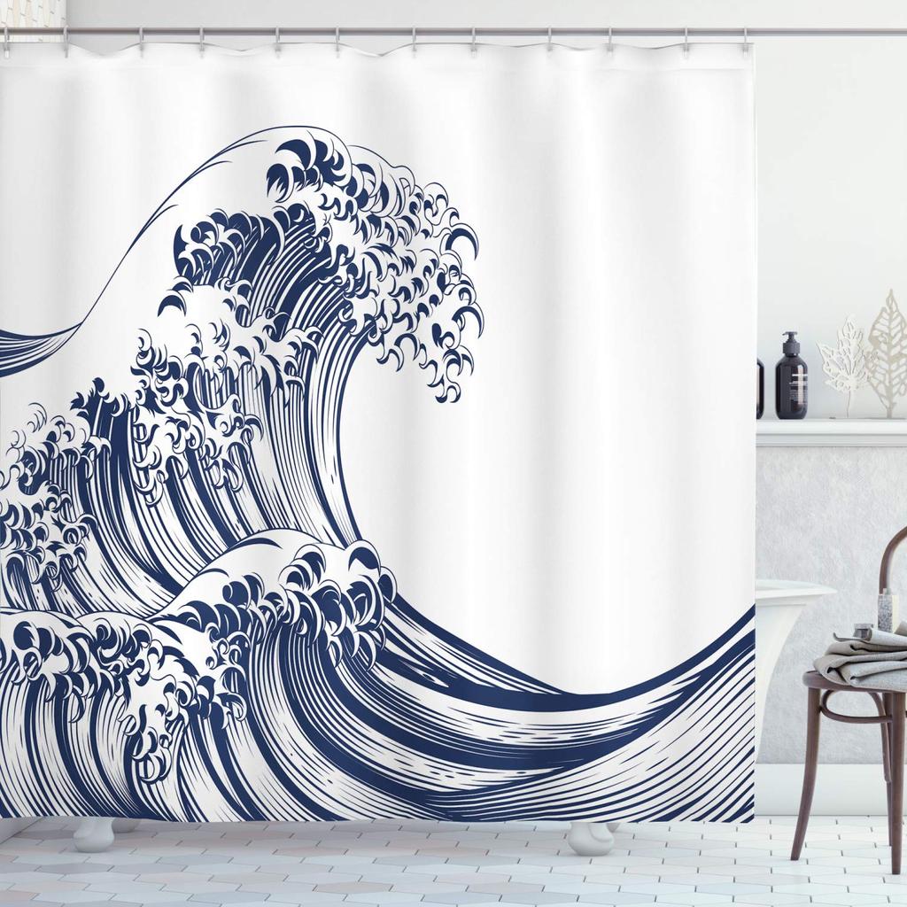 Japanese Ceramic Handicraft Waterproof Polyester Fabric Waterproof Polyester Fabric Bathroom Curtain 180 X 200cm with 12 Hooks