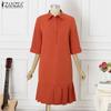ZANZEA Women Casual Turn Down Collar Loose 3/4 Sleeve Plain Dress