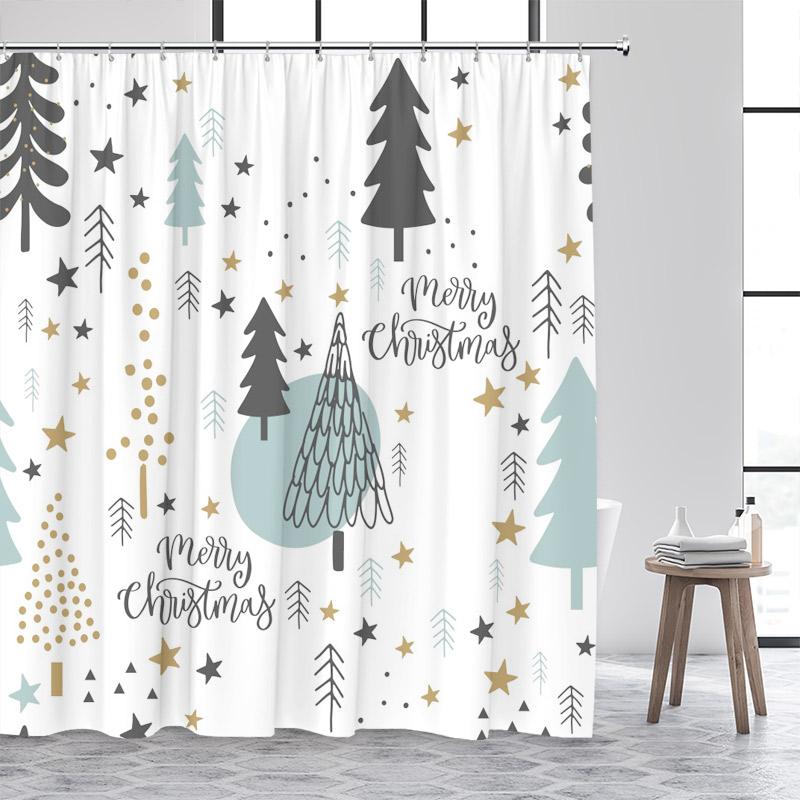 

GAEMerry Christmas Shower Curtains Star Xmas Trees Bath Curtain Polyester Fabric New Year Home Bathroom Decoration Set with Ho 90x180cm