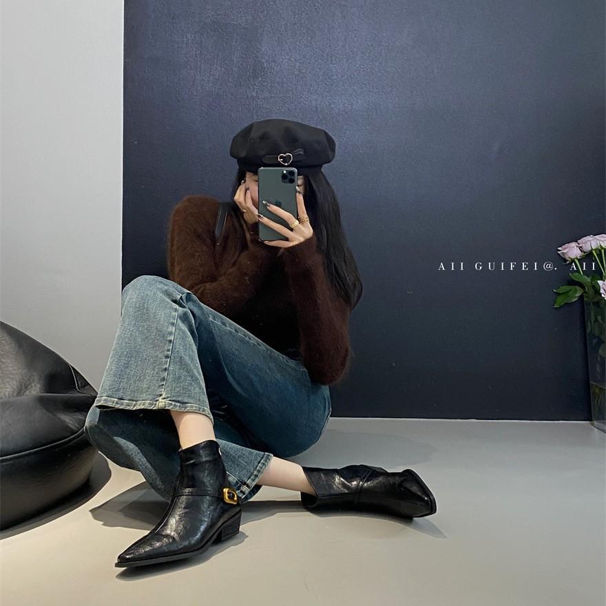 Thick Heel Square Head Short Boots Women's Boots Large Size 2025 Autumn and Winter New Retro Belt Buckle Versatile Rear Zipper Fashion Boots Women