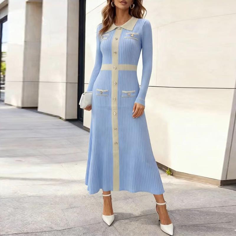 

European Lapel Knit Dress - Women s Slim Fit Black Long Sleeve for Autumn/Winter One Size