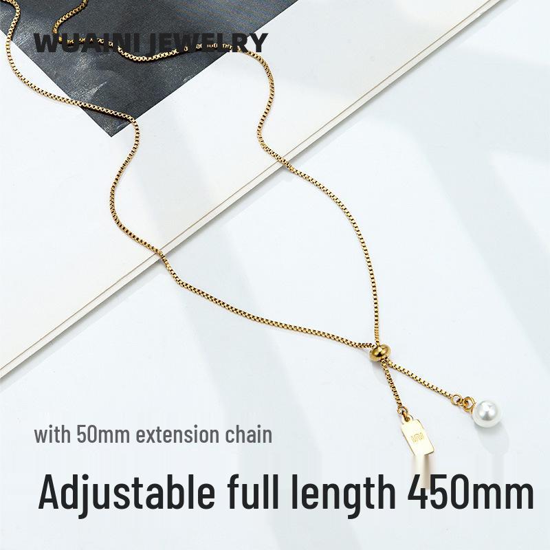 18K Gold-Plated Pearl Necklace with Adjustable Drawstring - Titanium Steel Clavicle Chain for Women