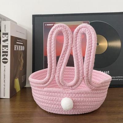 Cotton Rope Rabbit Storage Basket Cute Bunny Desktop Size Woven Storage Basket Cartoon Design Woven Texture Organizer Basket