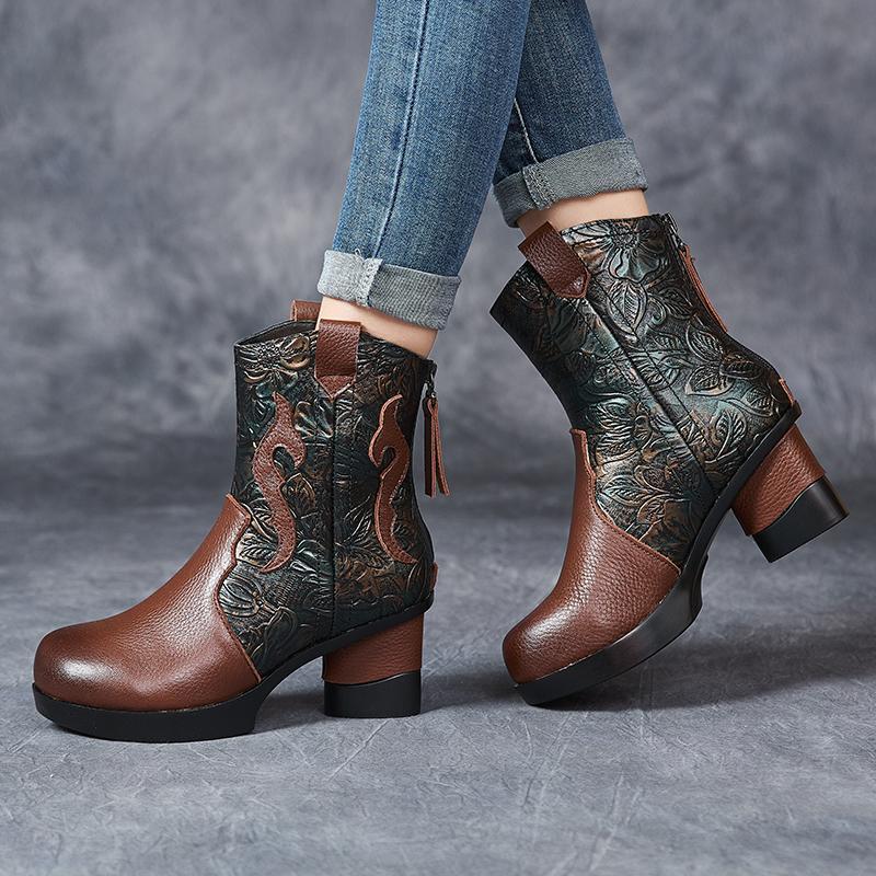 Soft Genuine Leather Mid Calf Boots Winter Autumn High Heels Platform British Booties Woman New Ladies Chunky Motorcycle Boots