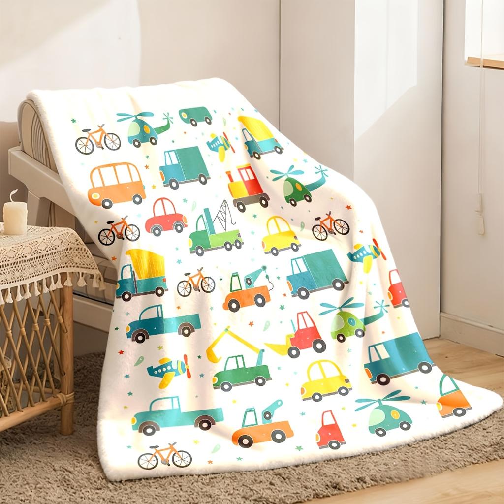 2026 New Comfortable Cartoon Traffic-Themed Fleece Blanket, Machine Washable, Suitable for Sofa, Camping, And Travel