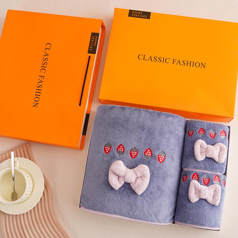 Strawberry Embroidered Bowknot Bath Towels - Coral Fleece Gift Set
