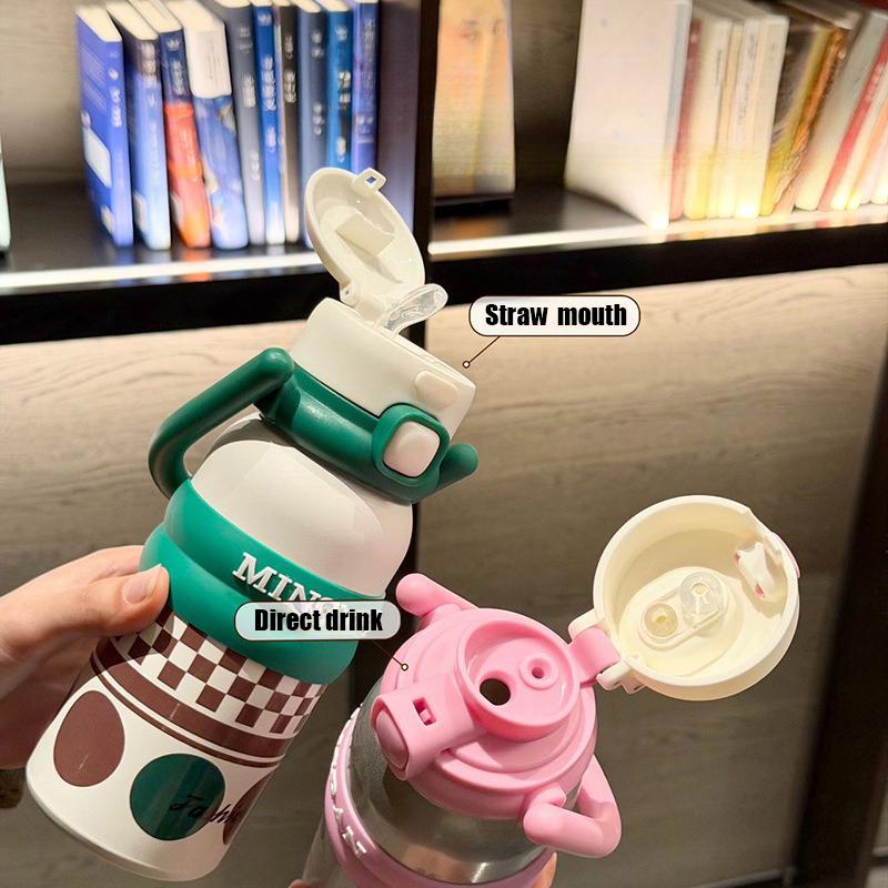 Cute Cartoon Thermal Water Bottles With Handle Insulated Cup 316 Stainless Steel Double Drinking Vacuum Flask Straw Cup 550ML