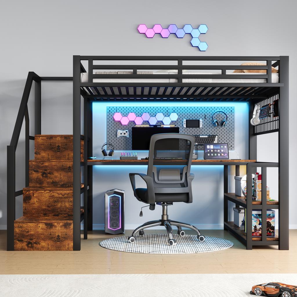 Letto a soppalco, 140 x 200 cm, Struttura in Ferro, Scaffale, Rete Appendibile, Luce LED, Scrivania, Scala, 2 Porte USB, 1 Presa Tipo-C, Senza Materasso, Nero