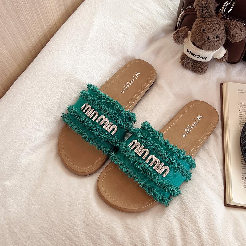 

Французские тапочки в стиле «маленькая Шанель» женские летние 2025 новинка модные сандалии для пляжа на плоской подошве со стразами 40 зелёный