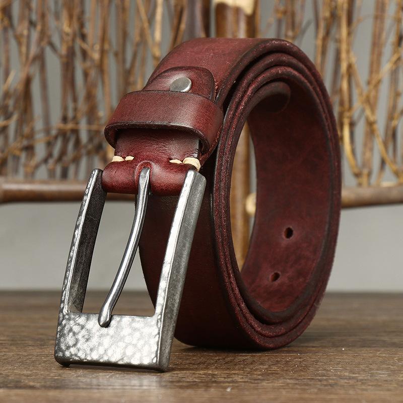 Belt Men's Thickened Hammered Stainless Steel Buckle Genuine Cattlehide Leather Surface Trendy All-Matching Jeans Belt
