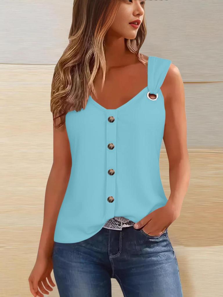 2026 Summer Women's Sleeveless Spaghetti Strap Buttoned Fashion T-Shirt Vest