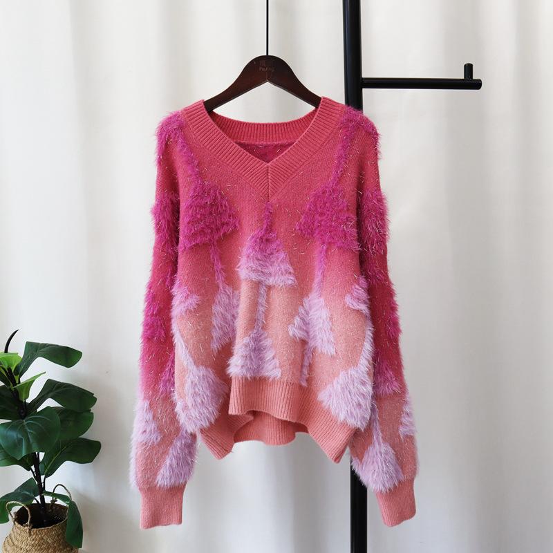 Splicing Imitation Mink Velvet Knitted Sweater Top Autumn and Winter New Loose and Gradual Change Color Bright Silk Sweater Pullover Women